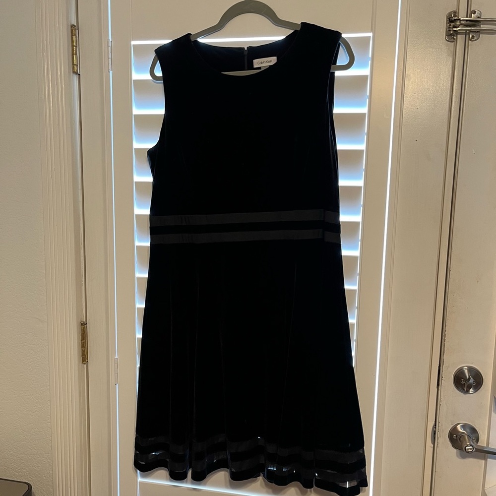 Calvin Klein A-Line black “velvet” dress.